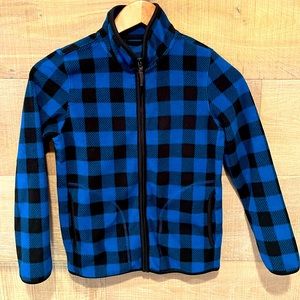 UniQlo zip up fleece black and blue check kids size 9-10